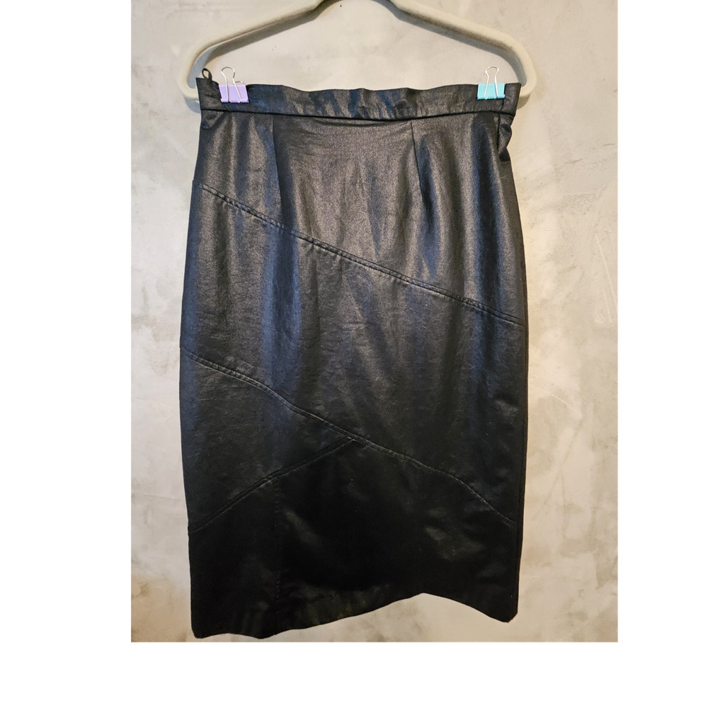City Girl Black Faux Leather Pencil Skirt High Rise Slit Knee Length Size 12